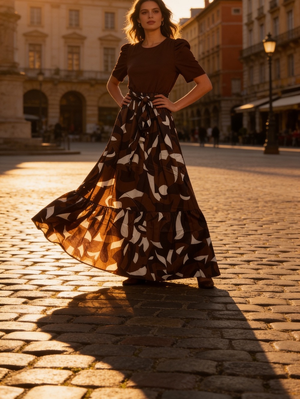 Women's Brown Printed Maxi Skirt - Elegant Tiered Silhouette